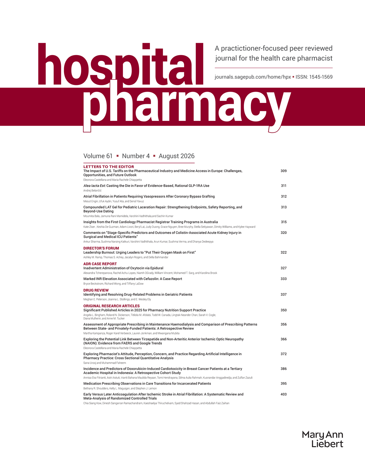 Hospital Pharmacy journal cover